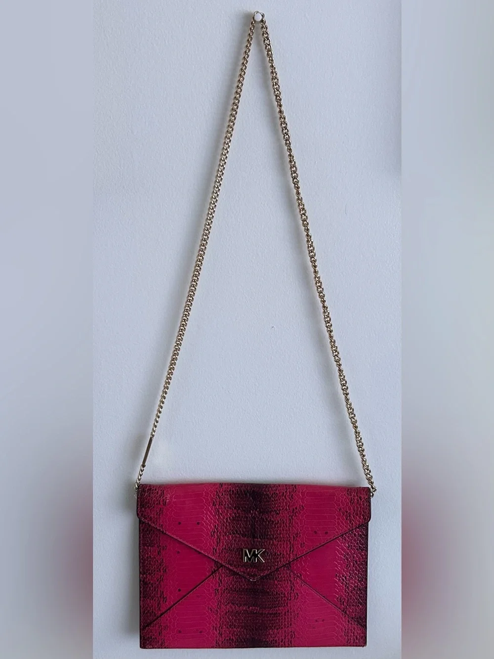 Michael Kors Pink Python Embossed Leather Envelope Crossbody Clutch Chain Bag